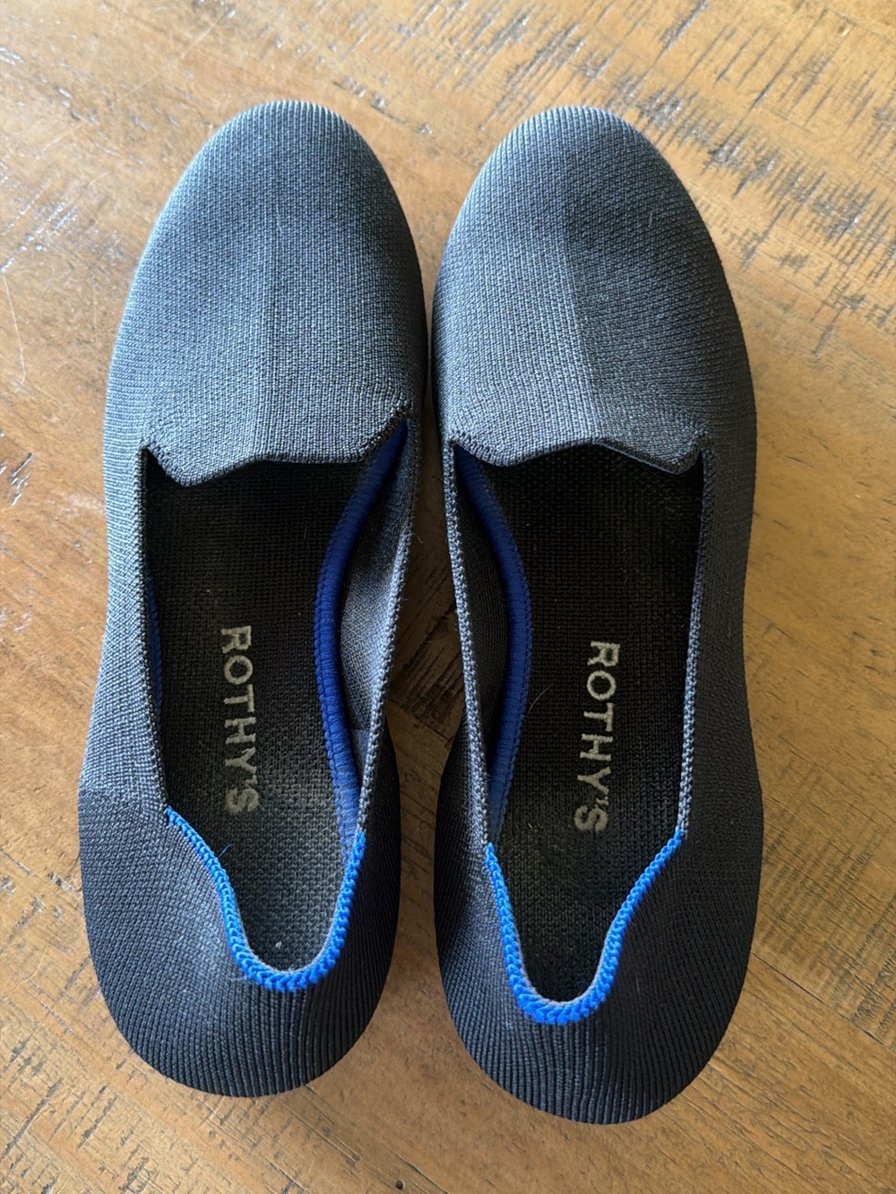 Rothy's Black Knit Slip-On Loafers with Blue Trim